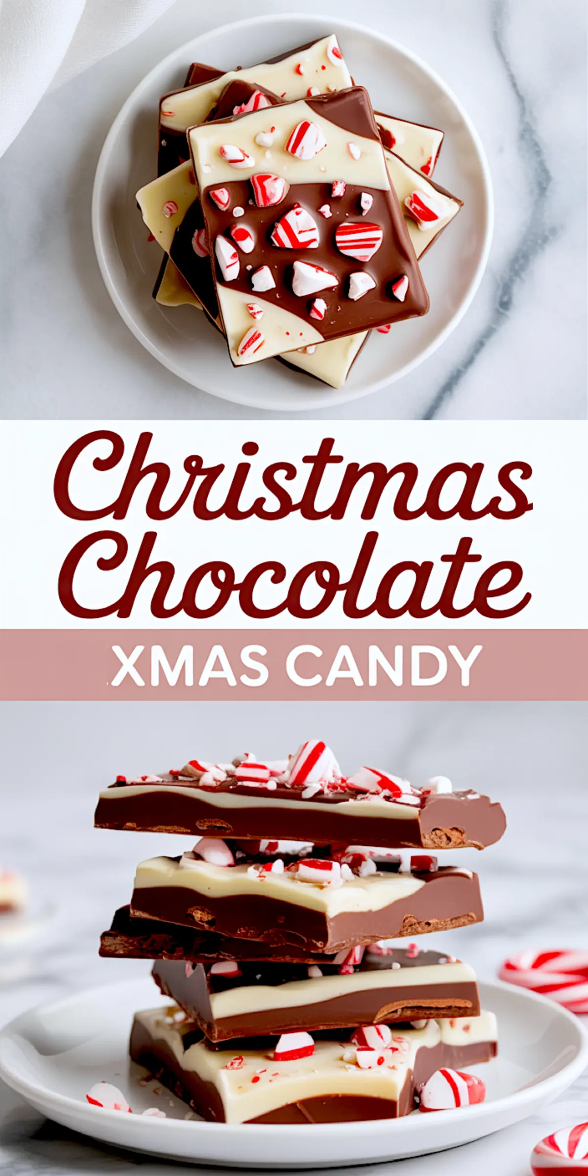 Collage of peppermint bark pieces with layered milk and white chocolate, topped generously with broken peppermint candies, stacked on a white plate with holiday text overlay.