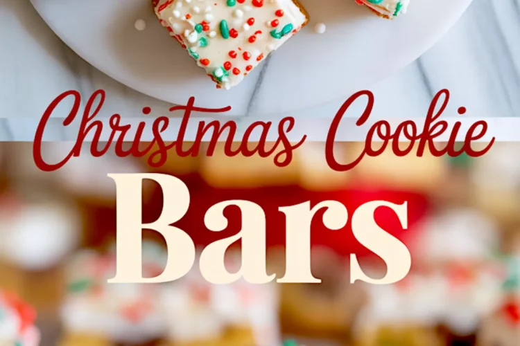 Frosted Christmas cookie bars topped with red, green, and white sprinkles displayed on a white marble plate, with a close-up of a single cookie bar layered with chocolate chips and white frosting below.