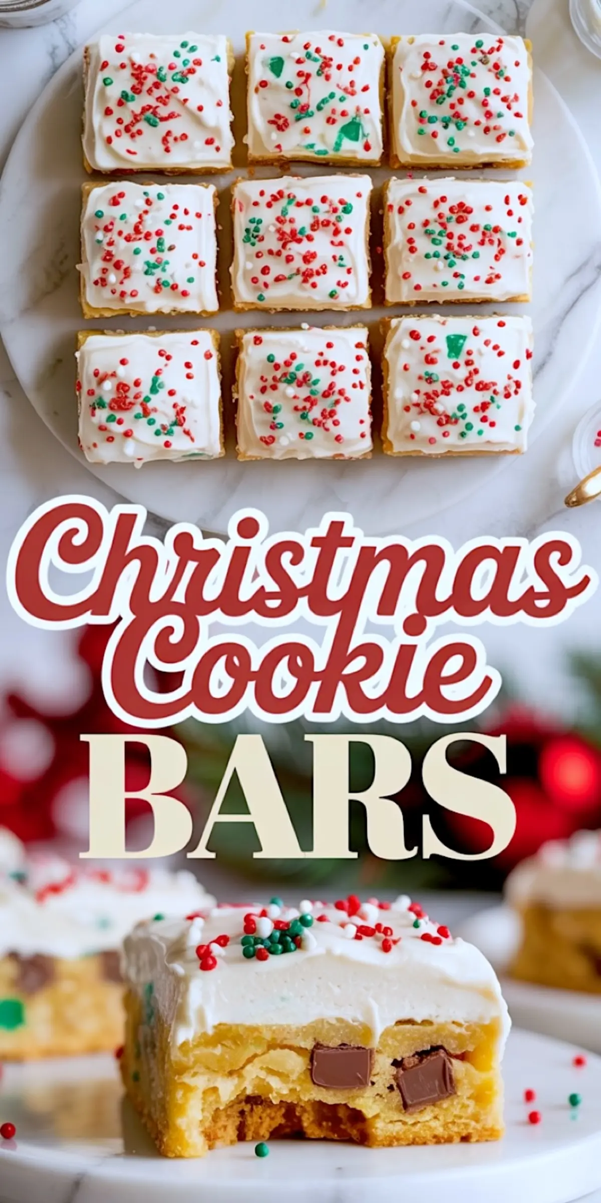Collage image with a top-down view of nine Christmas cookie bars topped with white frosting and colorful holiday sprinkles, and a close-up of a thick cookie bar showing chunks of chocolate inside.
