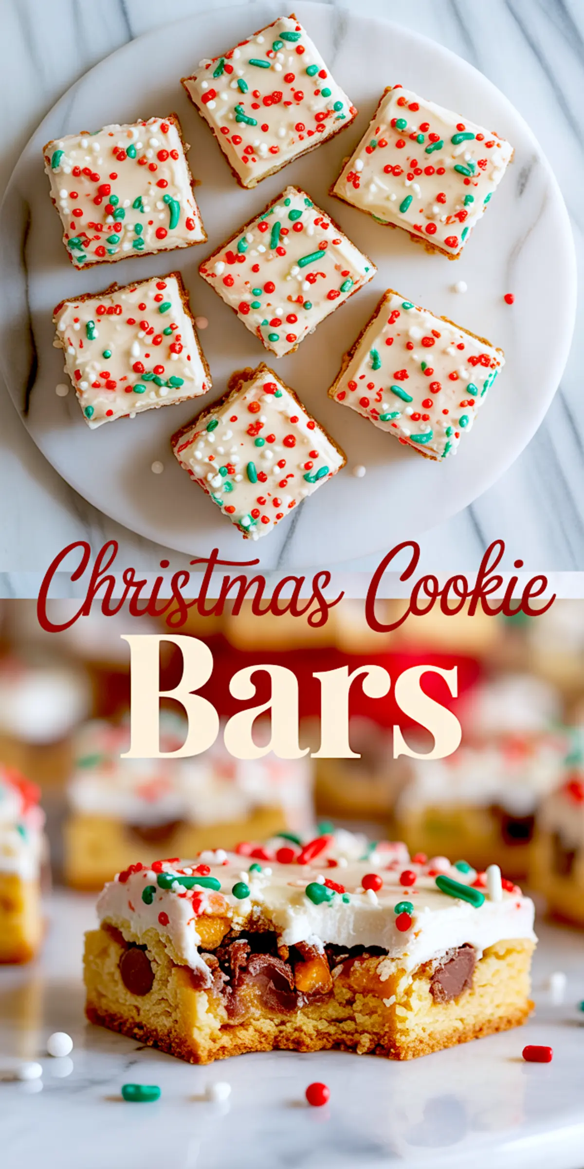 Collage image featuring festive Christmas cookie bars with white frosting and red, green, and white sprinkles; the top half shows a marble plate with several square cookie bars, and the bottom half highlights a close-up of a cookie bar filled with chocolate chips.
