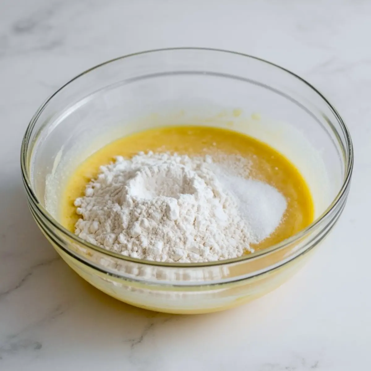 Glass mixing bowl filled with yellow batter topped with a mound of white flour and sugar, set on a white marble countertop.
