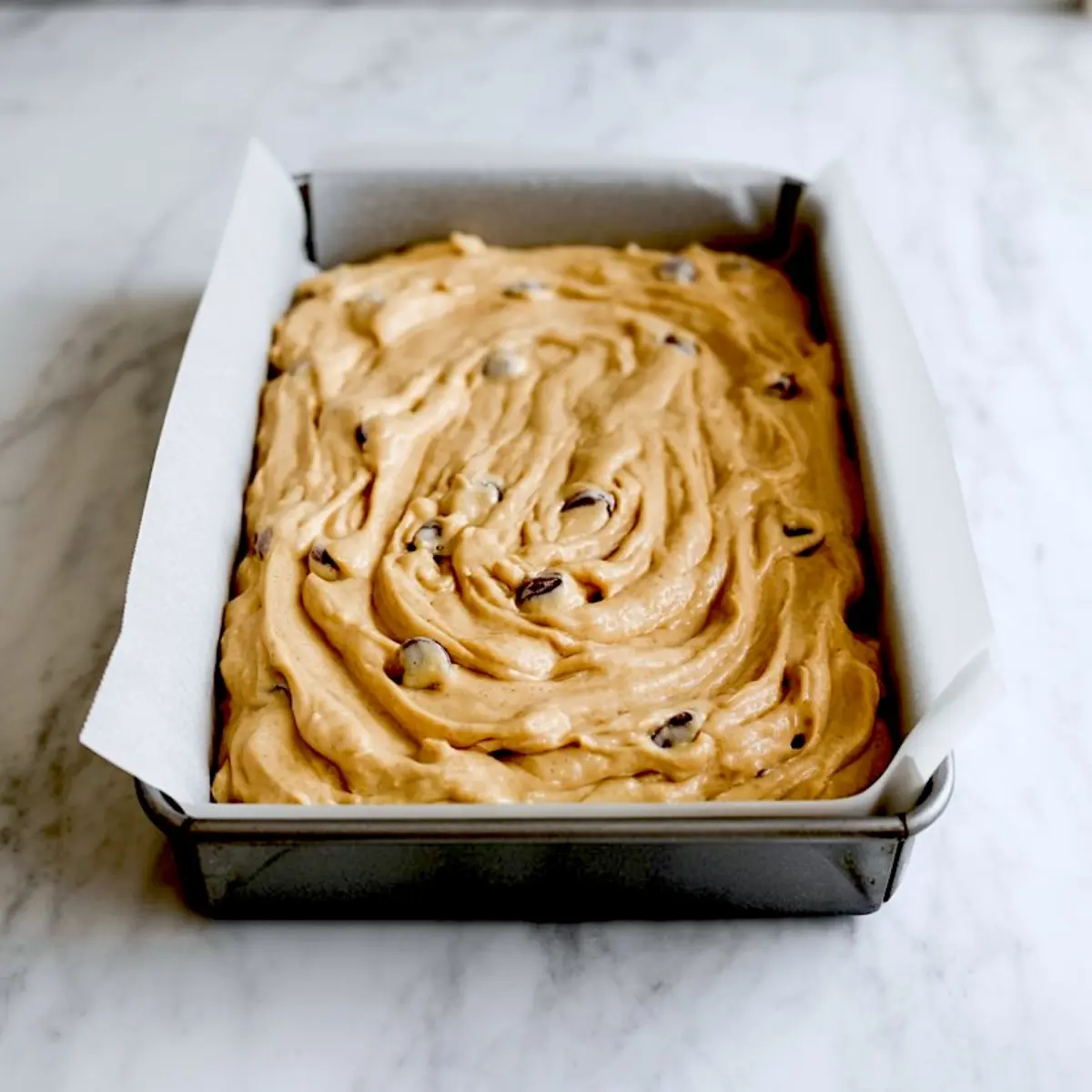Baking pan lined with parchment paper and filled with unbaked cookie dough studded with chocolate chips, ready for the oven.
