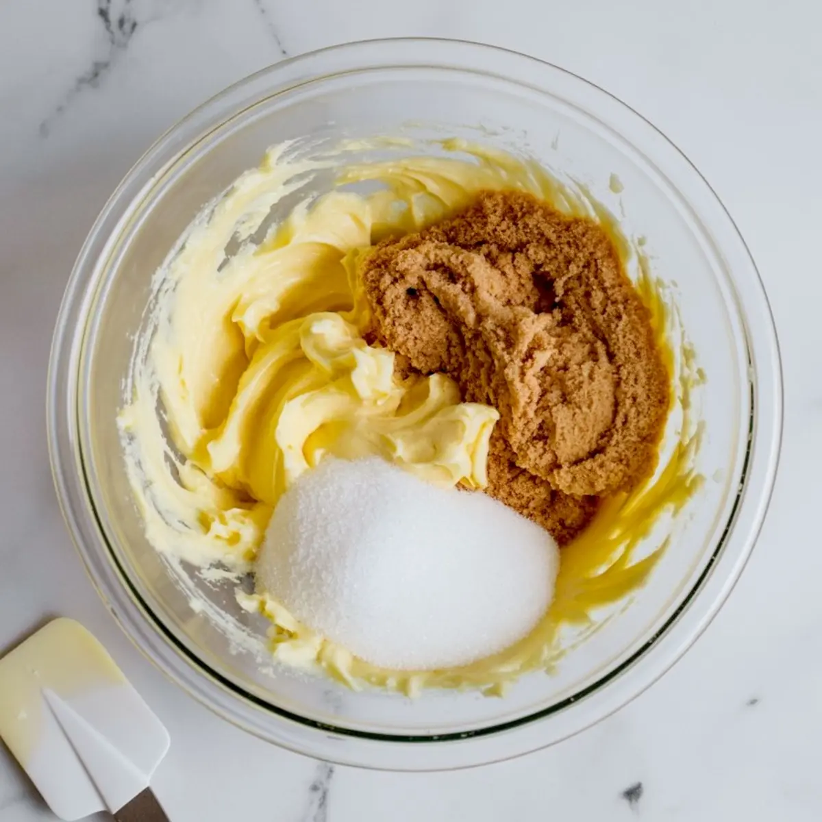 Glass mixing bowl with creamed butter, light brown sugar, and granulated sugar on a white countertop, with a spatula resting nearby.
