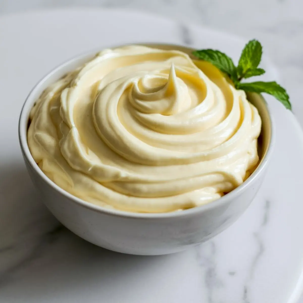 White ceramic bowl filled with swirled vanilla frosting or whipped cream, garnished with a fresh mint sprig, on a white plate.
