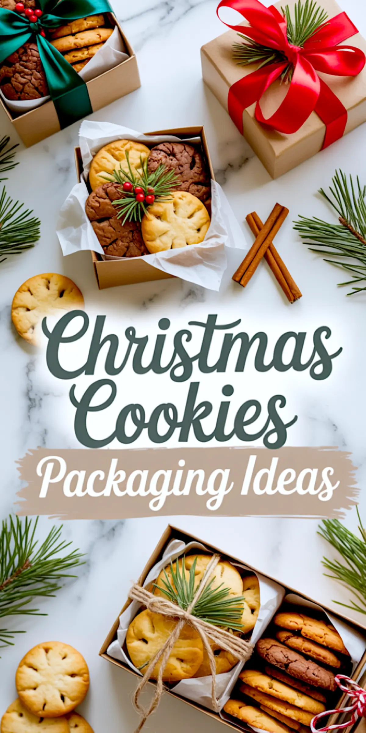 Festive Christmas cookie box collage featuring chocolate chip and sugar cookies in kraft paper boxes with parchment lining, decorated with red and green satin bows, pine sprigs, and cinnamon sticks. Styled on a white marble background with text overlay reading “Christmas Cookies Packaging Ideas,” showcasing holiday cookie gift box inspiration and DIY cookie packaging ideas.