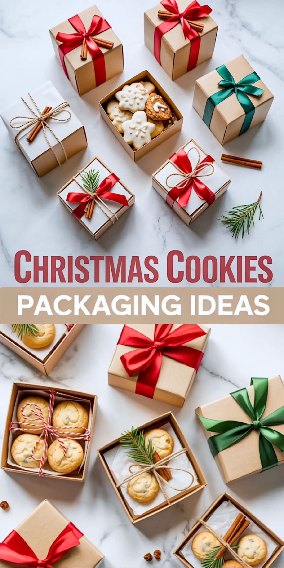 Collage of Christmas cookie gift boxes filled with frosted sugar cookies and shortbread, wrapped in kraft paper boxes with red, green, and twine ribbons, adorned with cinnamon sticks and pine sprigs. Text overlay reads “Christmas Cookies Packaging Ideas,” offering inspiration for cookie gift packaging and holiday baking presentation.