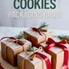 Christmas cookie packaging collage with kraft boxes tied in red and twine ribbon, decorated with cinnamon sticks and pine sprigs. Text overlay reads “Christmas Cookies Packaging Ideas,” showcasing DIY cookie box ideas for gifting and festive treat wrapping.