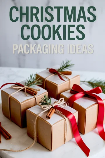 Christmas cookie packaging collage with kraft boxes tied in red and twine ribbon, decorated with cinnamon sticks and pine sprigs. Text overlay reads “Christmas Cookies Packaging Ideas,” showcasing DIY cookie box ideas for gifting and festive treat wrapping.