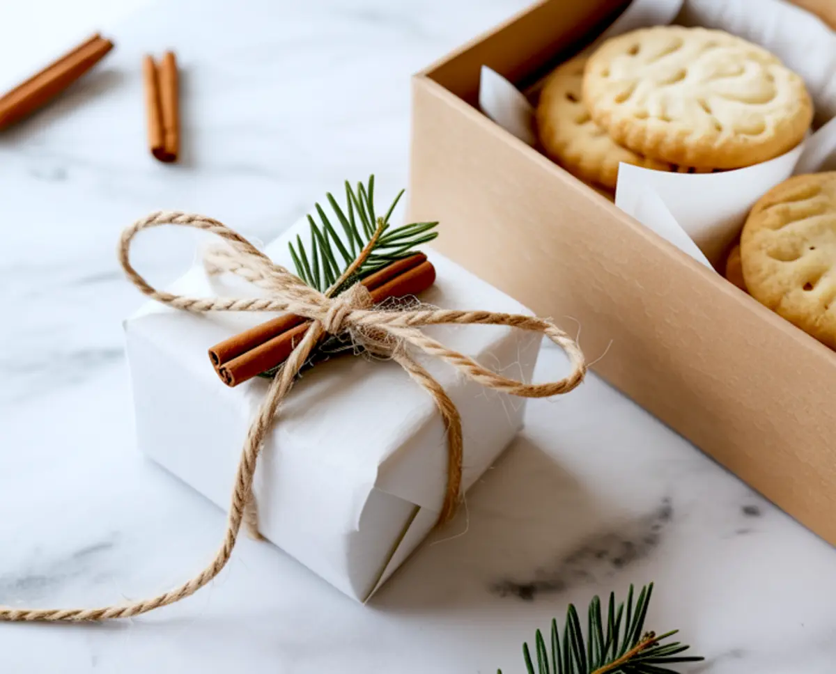 Close-up of holiday cookie gift box with white wrapping, tied in twine and topped with a pine sprig and cinnamon sticks, next to a kraft box filled with shortbread cookies lined with parchment paper on a marble surface.