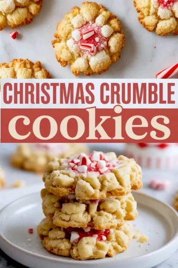 Vertical collage highlights Christmas crumble cookies. Top panel shows cookies on marble, bold text block reads “CHRISTMAS CRUMBLE cookies,” and bottom panel shows a stacked cookie tower on a plate.