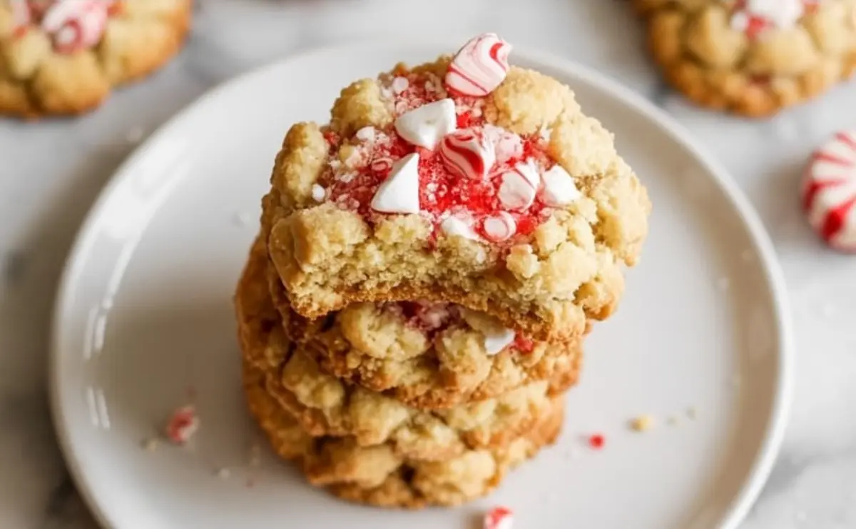 Stacked peppermint crumble cookies sit on a plate with a bite taken from the top cookie. Red crushed candy cane center contrasts the golden crumb and scattered peppermint pieces.
