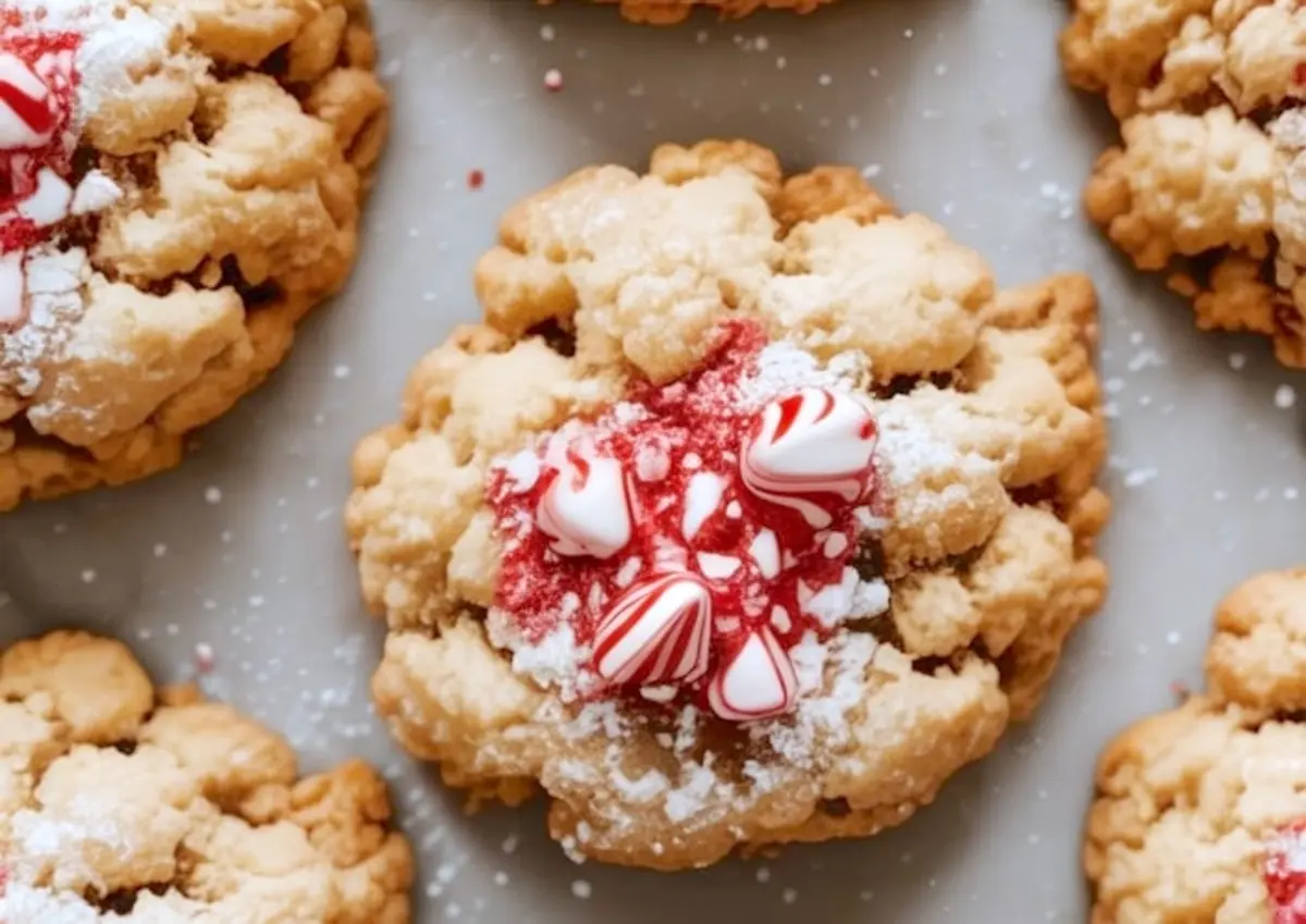 Golden Christmas crumble cookie rests on parchment paper. Crushed peppermint candy and powdered sugar dust the center for holiday baking flair.