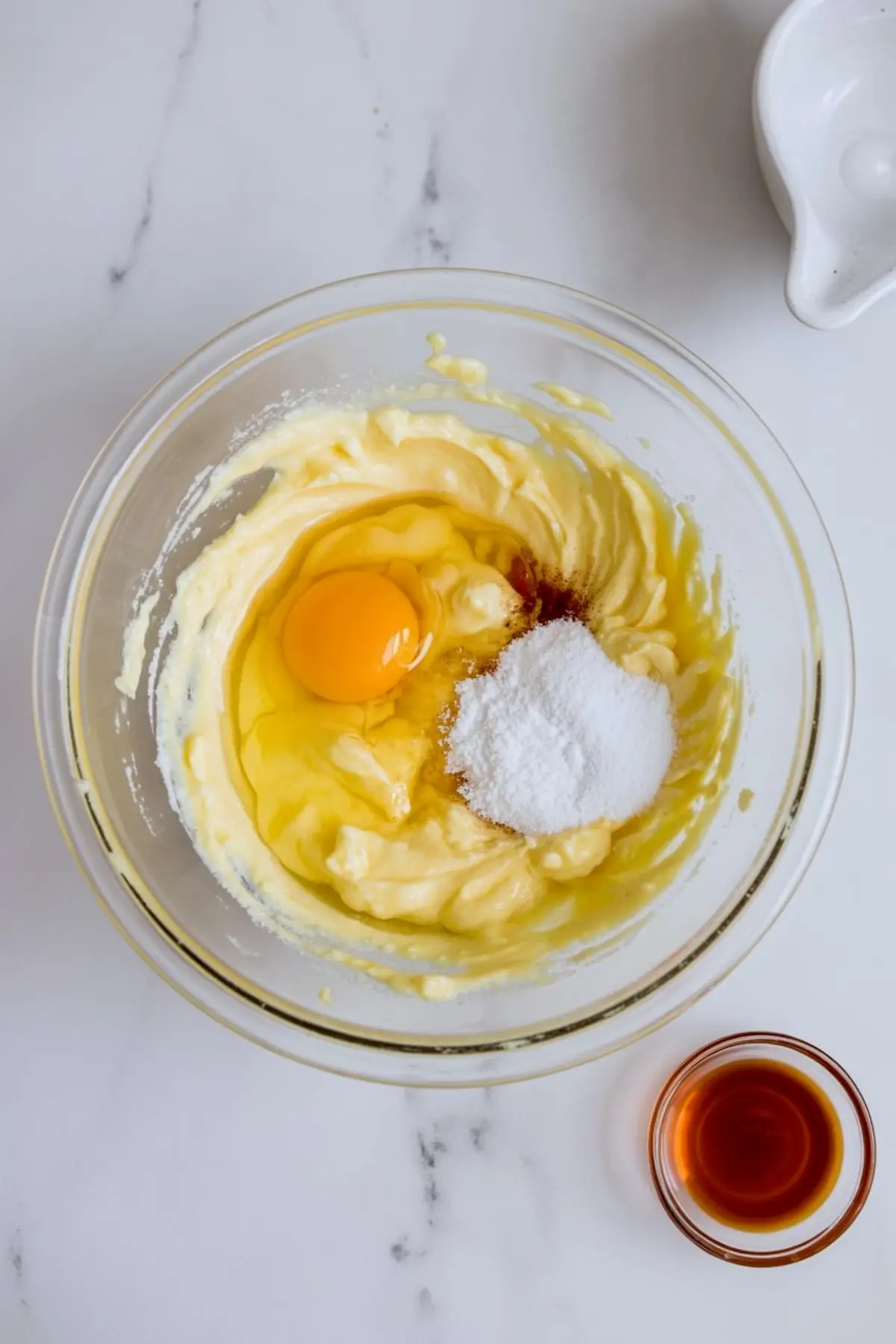 Glass mixing bowl holds creamed butter, raw egg, vanilla, and white sugar for Christmas crumble cookie batter. Small bowl of amber vanilla sits on a white marble counter.