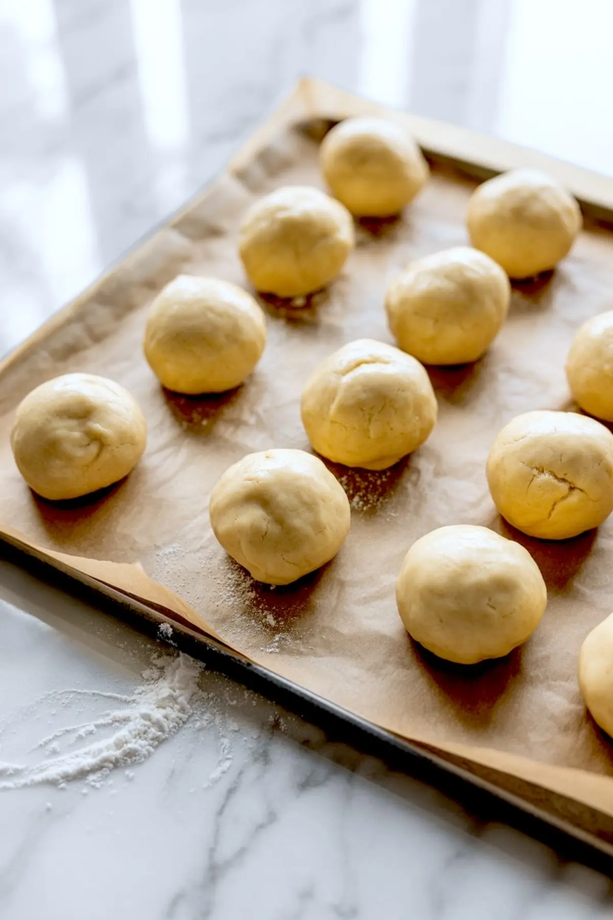 Parchment-lined tray holds raw dough balls for Christmas crumble cookies. Soft yellow dough rounds sit ready for the oven.
