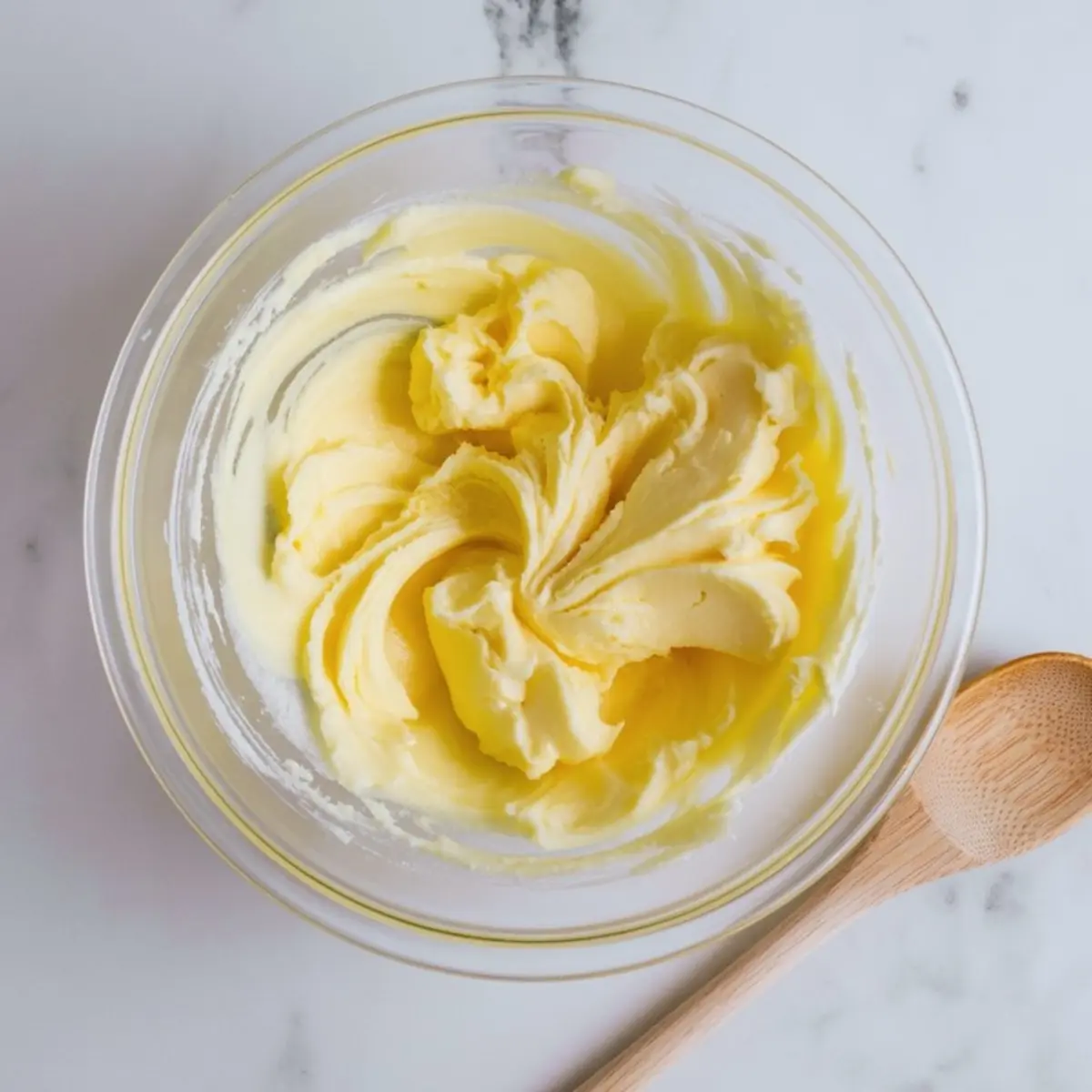 Glass bowl holds whipped butter and sugar mixture for Christmas crumble cookie dough. Wooden spoon rests on the white marble countertop.