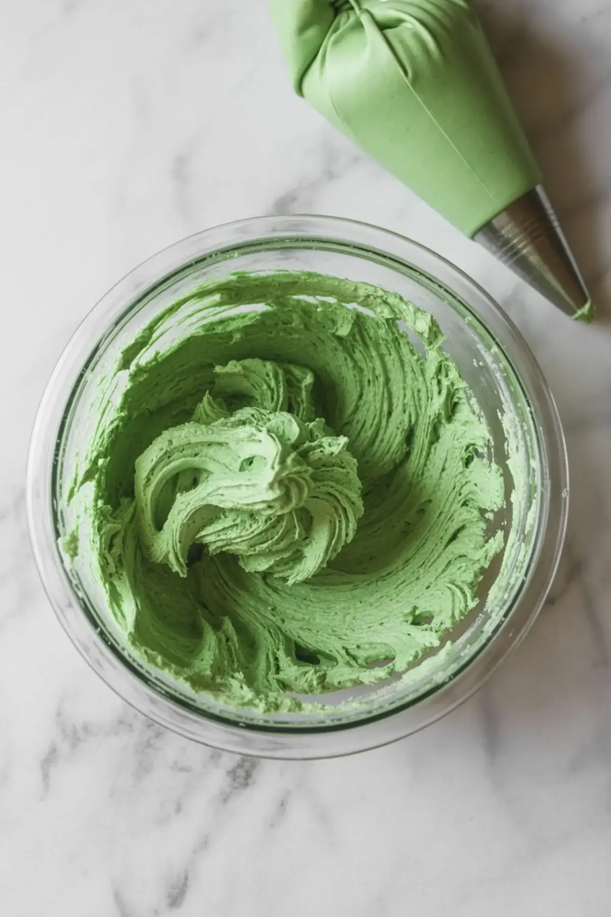 Green buttercream frosting in a glass bowl with a piping bag, ready for decorating. The texture is thick and creamy, ideal for cupcake designs or holiday frosting recipes using homemade butter cream.
