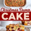 Collage showing a baked Christmas Dump Cake topped with green and red sprinkles and a close-up of a cake slice revealing peach and cherry filling. A festive cake mix dessert featured in easy dump cake recipes for the holidays.