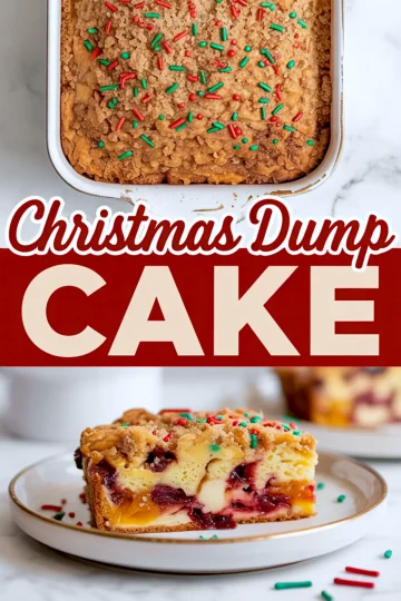 Collage showing a baked Christmas Dump Cake topped with green and red sprinkles and a close-up of a cake slice revealing peach and cherry filling. A festive cake mix dessert featured in easy dump cake recipes for the holidays.