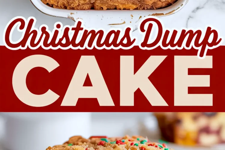 Collage showing a baked Christmas Dump Cake topped with green and red sprinkles and a close-up of a cake slice revealing peach and cherry filling. A festive cake mix dessert featured in easy dump cake recipes for the holidays.