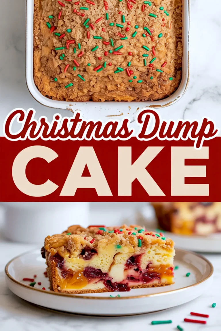 Collage of a baked Christmas dump cake topped with green and red sprinkles, with a close-up of one slice showing the golden crumb topping over a peach and cherry filling.