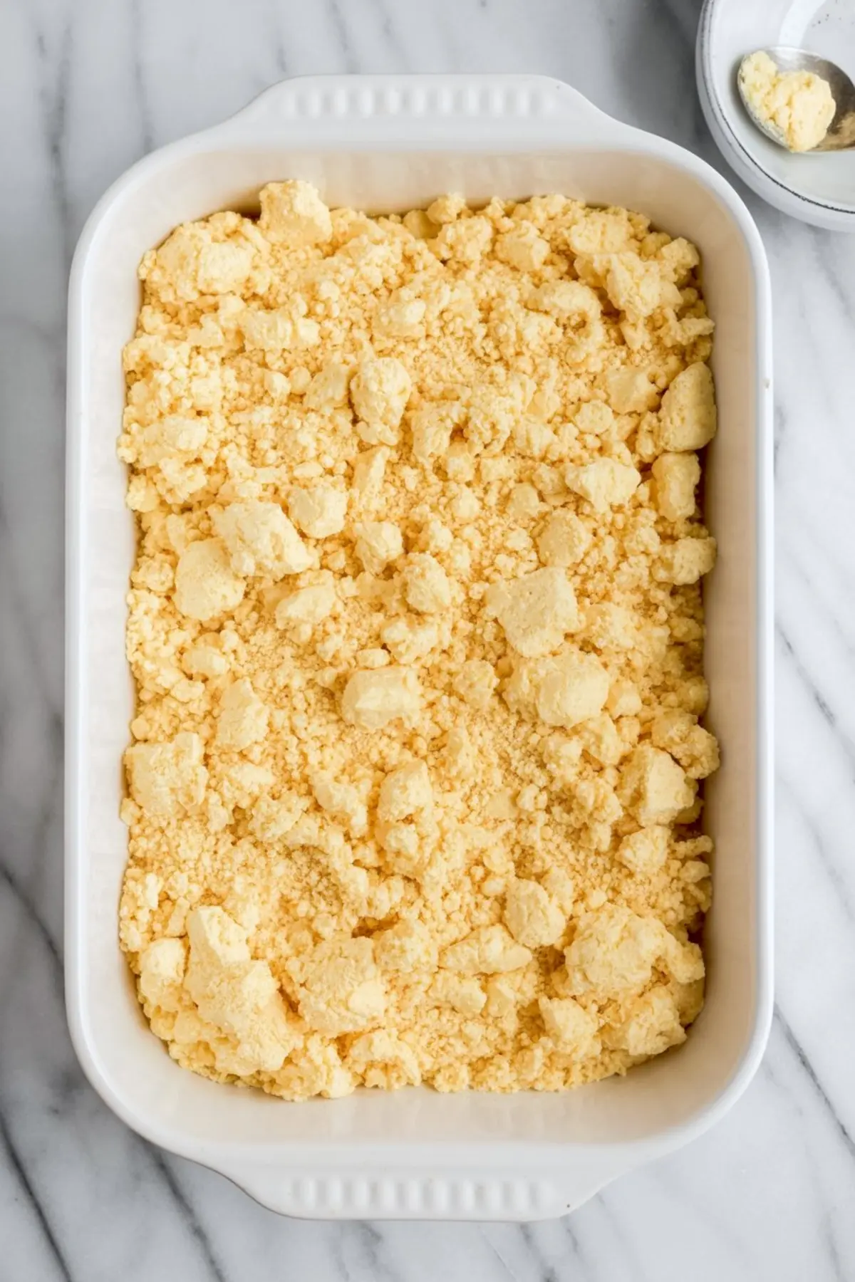 Unbaked yellow cake mix crumbles spread evenly in a white rectangular baking dish, ready for baking into a holiday dump cake.