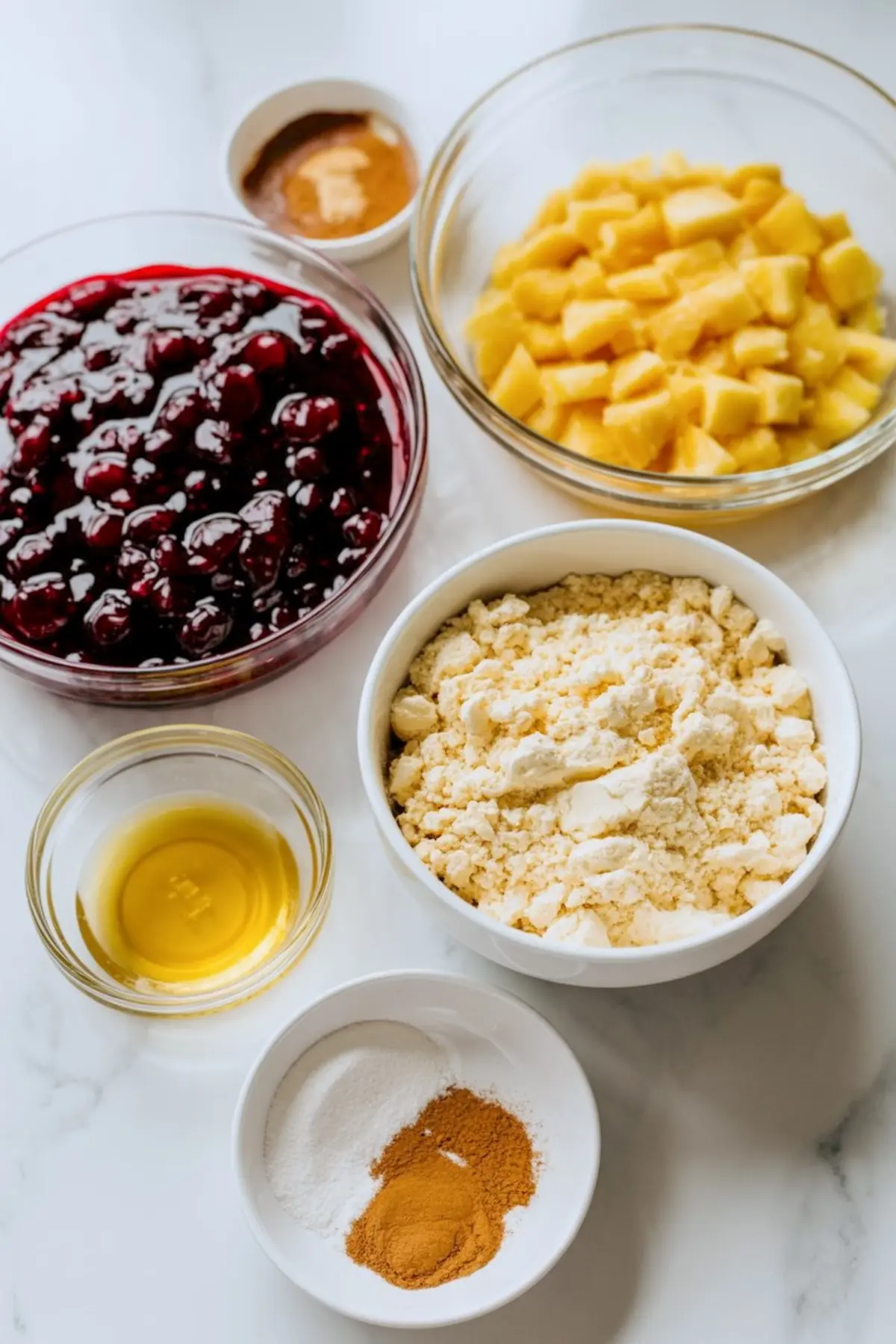 Flat lay of ingredients in glass and ceramic bowls, including cherry pie filling, diced pineapple, yellow cake mix, cinnamon, and melted butter for an easy dump cake recipe.
