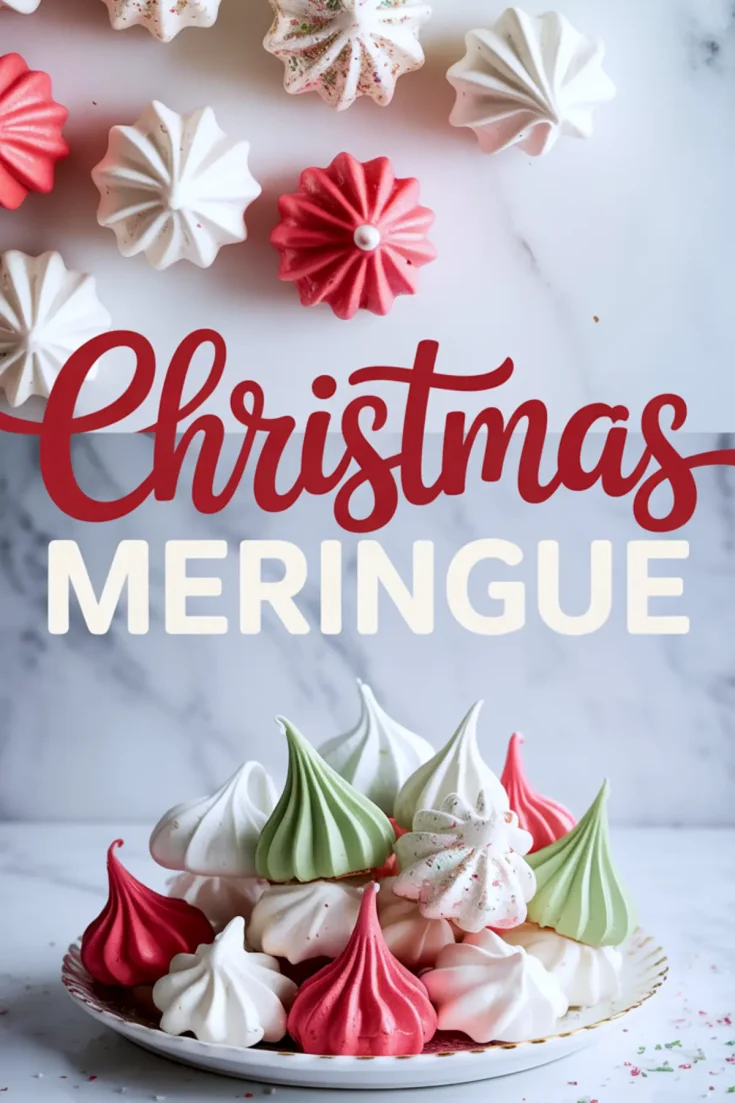 Collage featuring festive meringue cookies in red, white, and green shades on a marble backdrop, styled around the bold caption “Christmas Meringue.”
