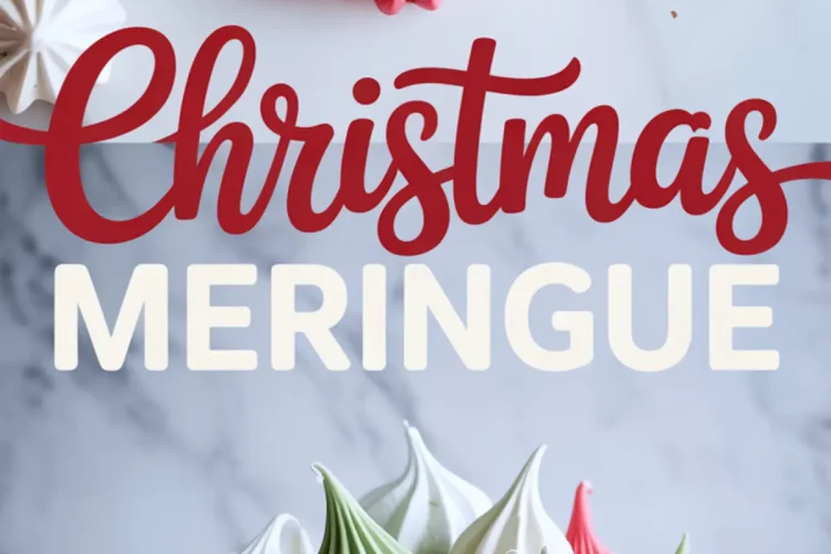 Collage featuring festive meringue cookies in red, white, and green shades on a marble backdrop, styled around the bold caption “Christmas Meringue.”