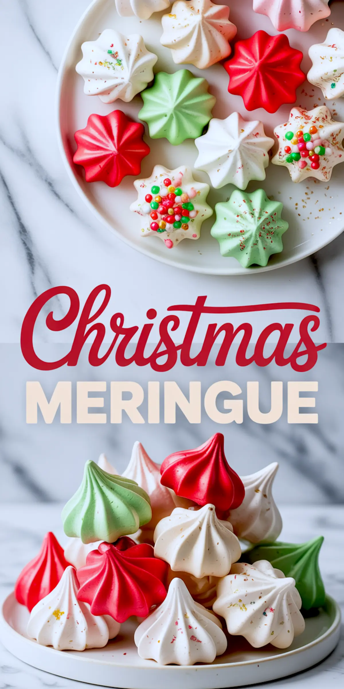 Collage of colorful Christmas meringues in red, green, and white with sprinkles, displayed in festive star and swirl shapes above and below text reading “Christmas Meringue.”
