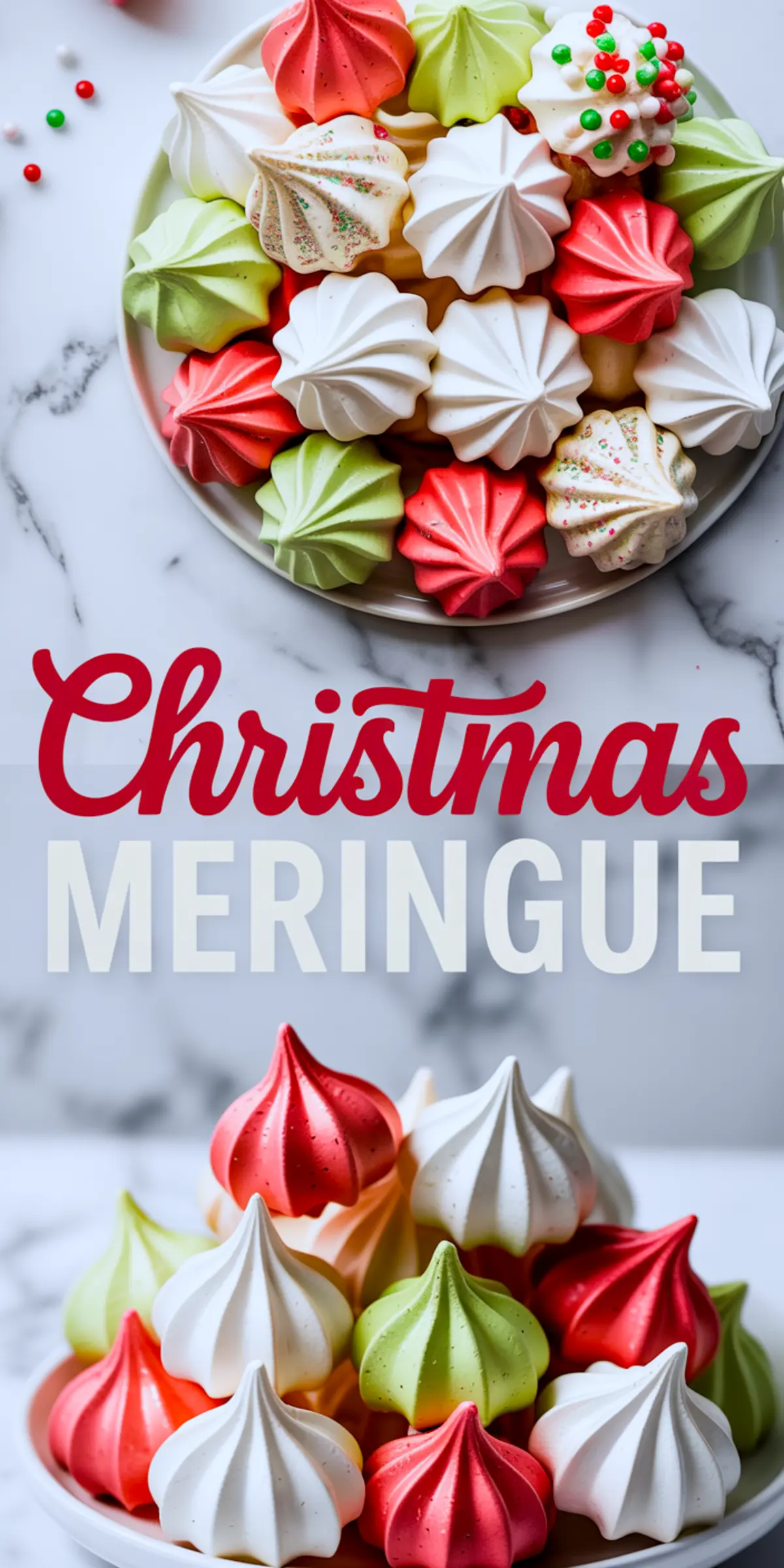Vertical collage of Christmas-themed meringue cookies in bright holiday colors on white plates, with the label “Christmas Meringue” separating both images.
