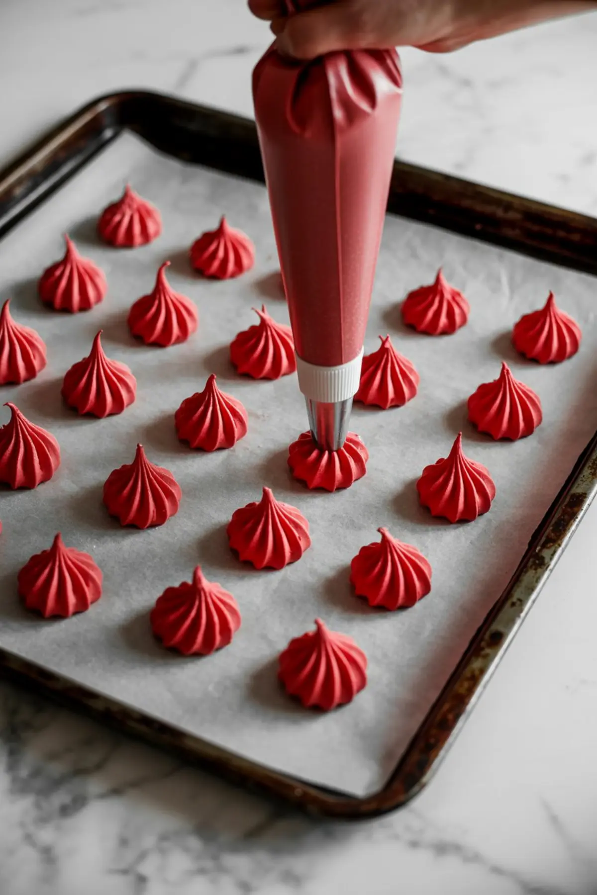 Red meringue batter being piped onto a parchment-lined baking tray in uniform star-shaped drops.
