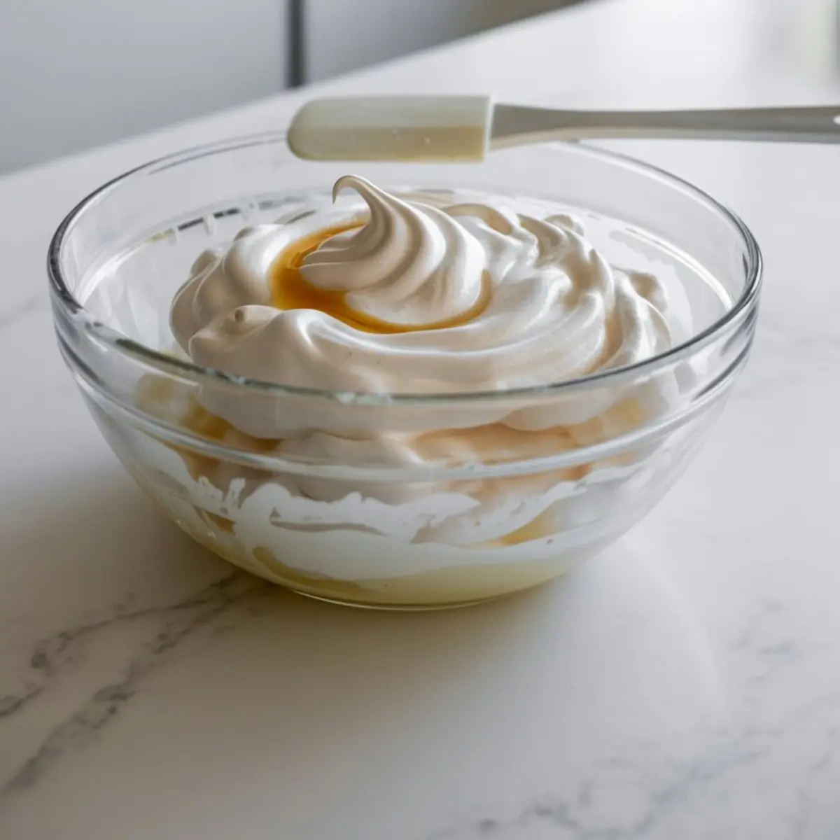 Thick and shiny meringue mixture with soft peaks in a glass bowl, resting on a marble counter beside a silicone spatula.
