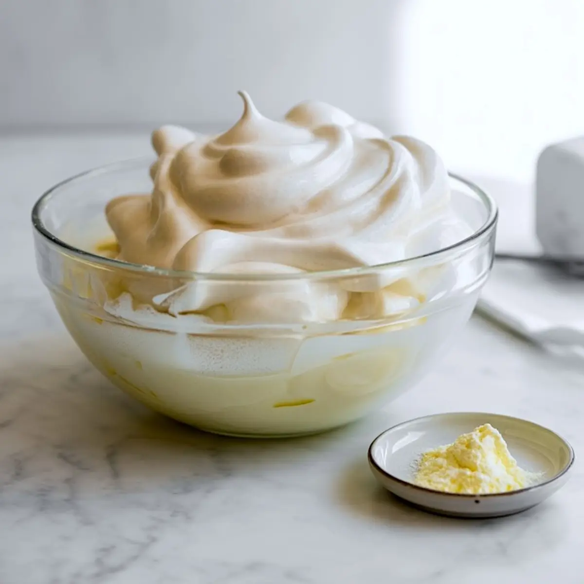 Glossy vanilla meringue mixture in a clear glass bowl with a small dish of cream of tartar powder on a marble surface.
