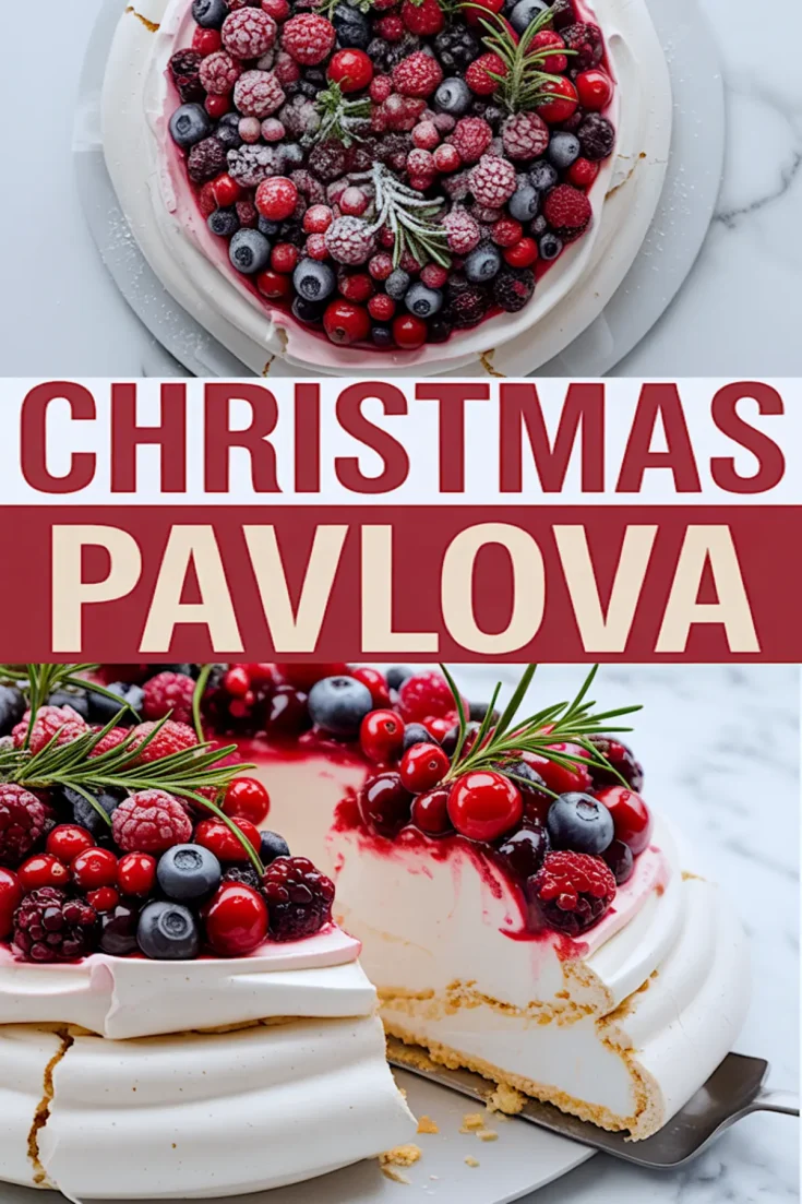 Overhead and side view of a Christmas pavlova covered with raspberries, blueberries, blackberries, and cranberries dusted with powdered sugar and rosemary. Lower half shows the pavlova slice with thick meringue layers and dripping red berry sauce.