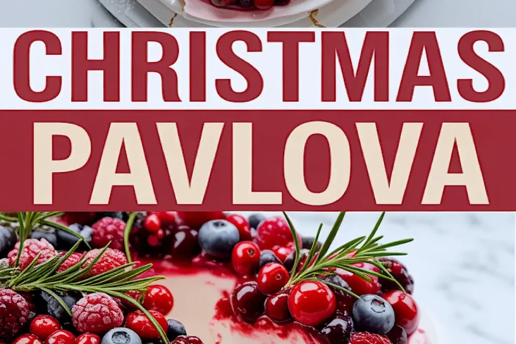 Overhead and side view of a Christmas pavlova covered with raspberries, blueberries, blackberries, and cranberries dusted with powdered sugar and rosemary. Lower half shows the pavlova slice with thick meringue layers and dripping red berry sauce.
