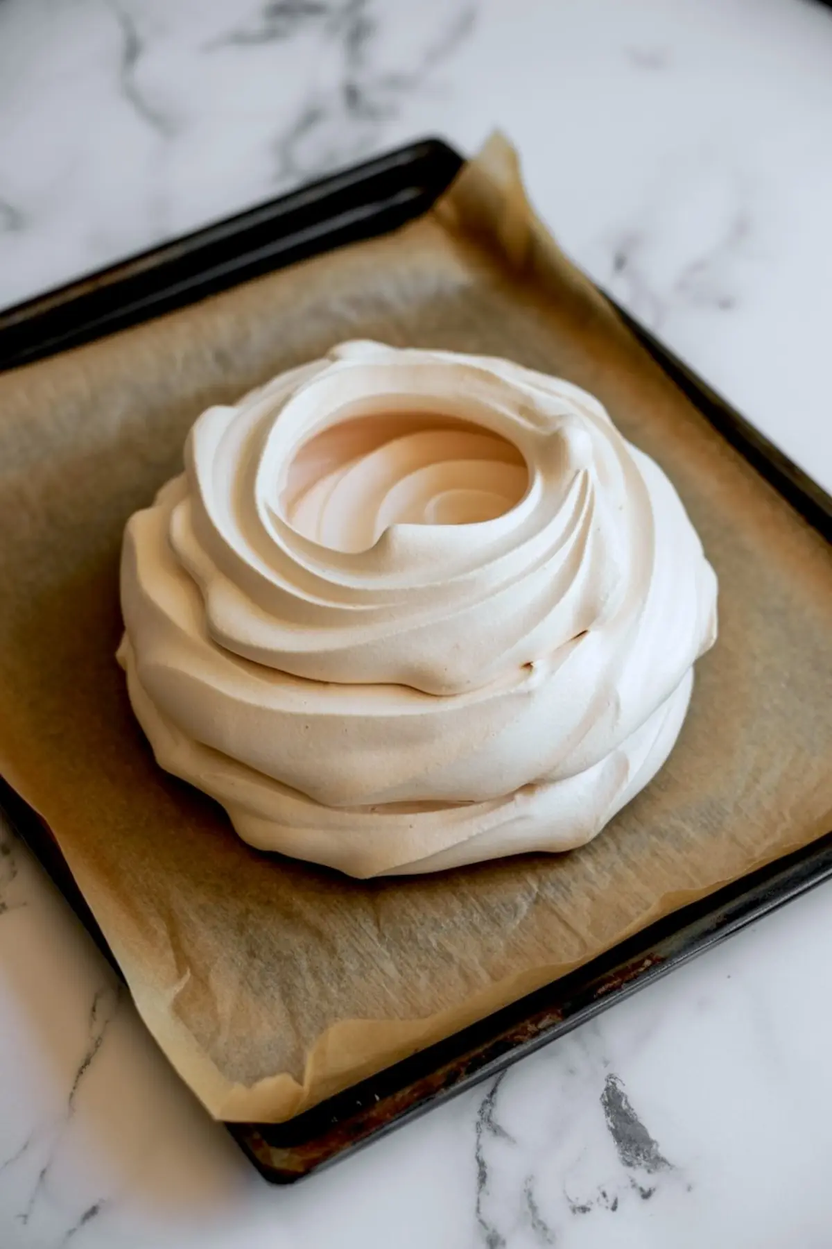 Swirled meringue pavlova base baked to a crisp finish on parchment-lined baking sheet, showing light golden edges and soft white peaks with a hollow center.