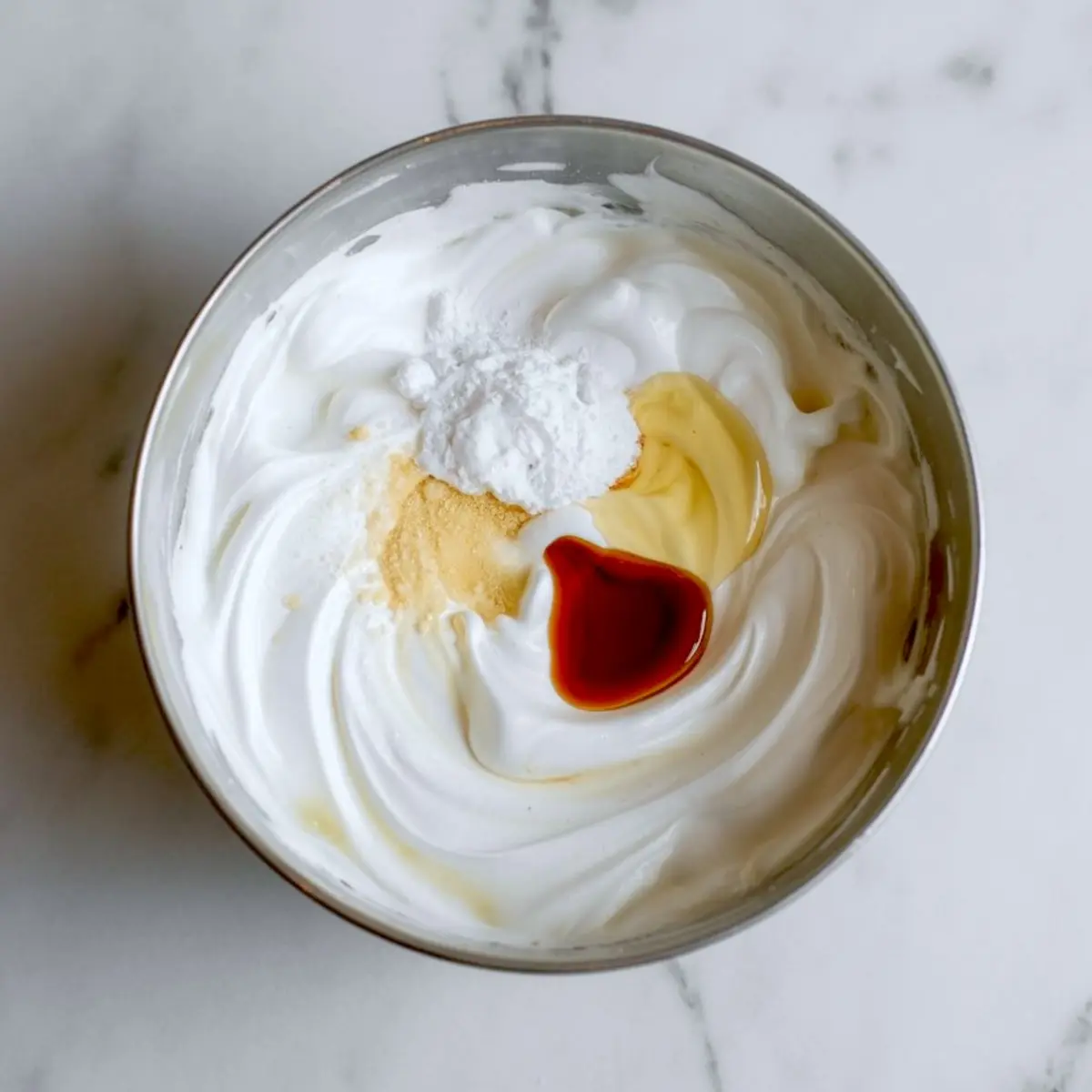 Glossy whipped meringue mixture in a metal bowl with visible ingredients including white vinegar, cornstarch, vanilla extract, and cream of tartar resting on the glossy peaks.