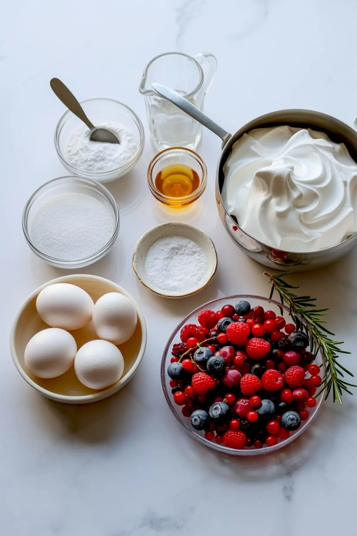 Flat lay of pavlova ingredients on a marble surface including eggs, sugar, cornstarch, vanilla, white vinegar, cream of tartar, fresh berries, and whipped meringue in a mixing bowl, with a rosemary sprig for garnish.