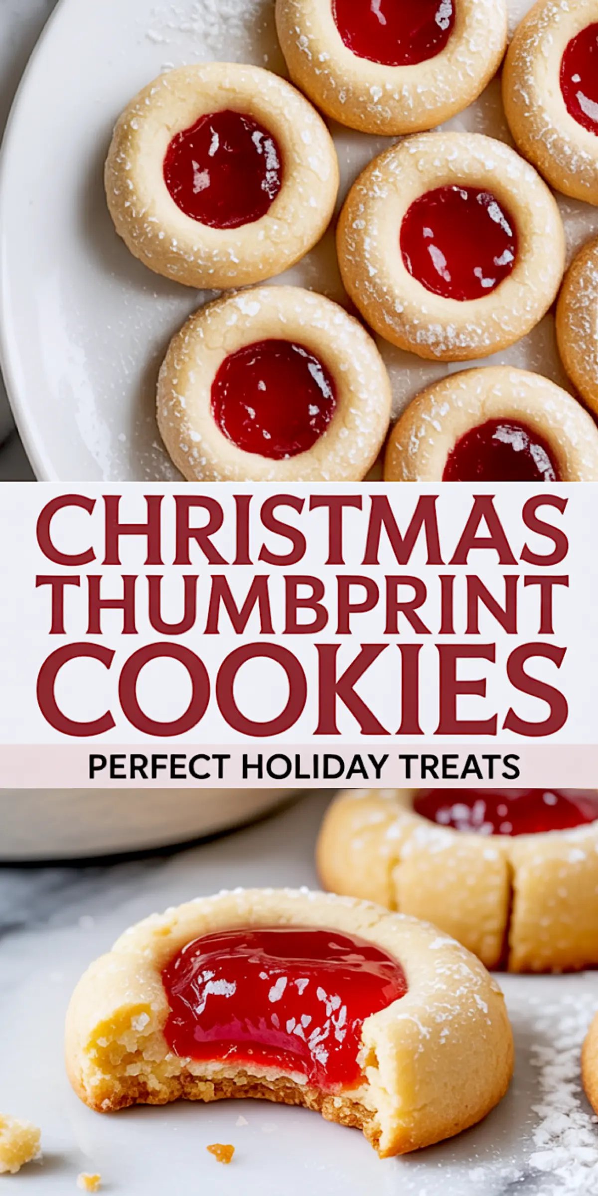 Christmas thumbprint cookies with red jam centers and powdered sugar topping arranged on a white plate, with one cookie partially eaten showing soft texture.