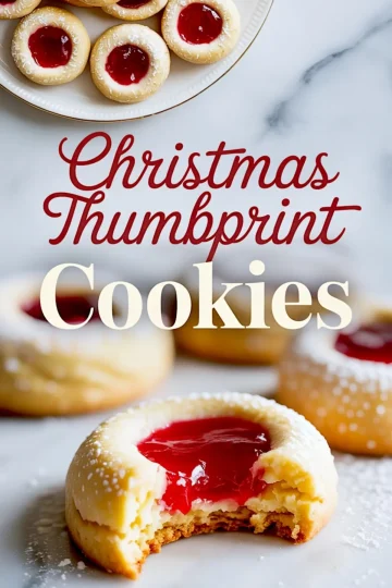 Plate of jam-filled thumbprint cookies dusted with powdered sugar, with text overlay in festive red script reading “Christmas Thumbprint Cookies – Perct Holiday Treats.”