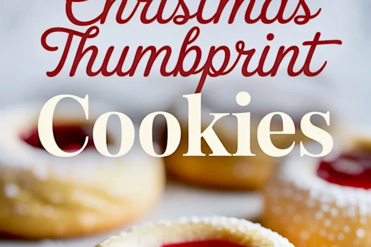 Plate of jam-filled thumbprint cookies dusted with powdered sugar, with text overlay in festive red script reading “Christmas Thumbprint Cookies – Perct Holiday Treats.”