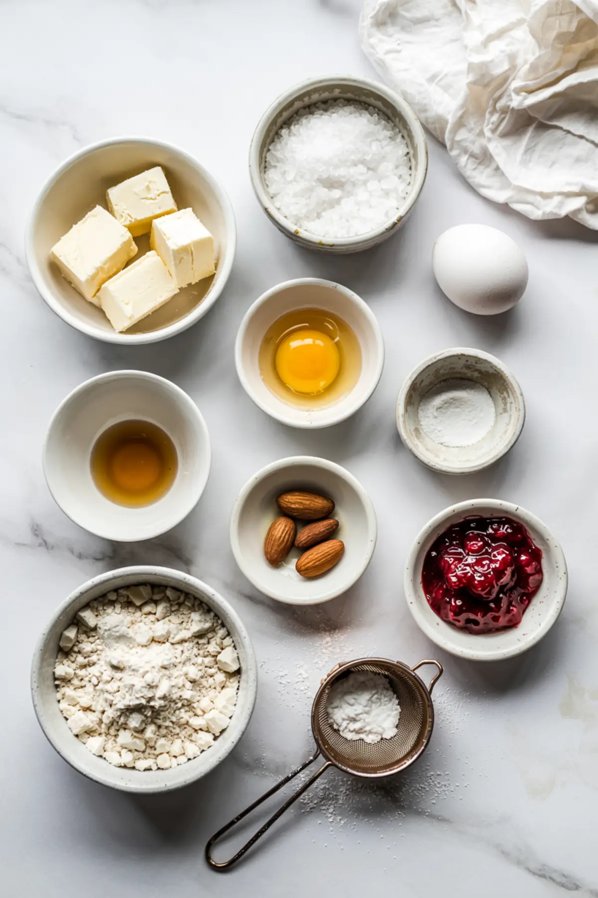 Flat lay of baking ingredients on white surface, including butter cubes, coarse salt, whole egg, egg yolk, flour, vanilla extract, almonds, baking powder, powdered sugar, and red jam.