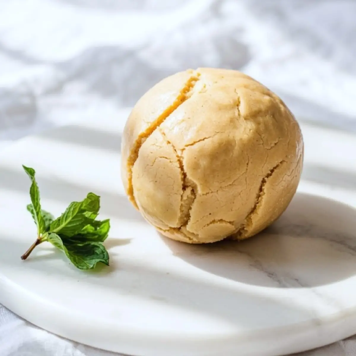 Golden ball-shaped cookie with cracked surface placed on white marble slab next to fresh mint sprig.