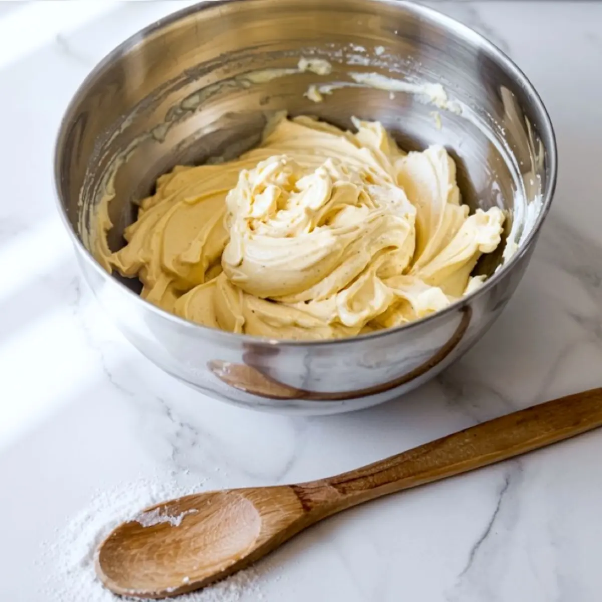 Stainless steel mixing bowl filled with smooth, creamy cookie dough, set on a marble counter with a wooden spoon dusted in flour.