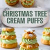 A festive collage featuring Christmas tree cream puffs made with golden choux pastry stacked with layers of green pistachio cream, topped with star-shaped cookies and powdered sugar, with a centered title overlay that reads “Christmas Tree Cream Puffs” in bold lettering.