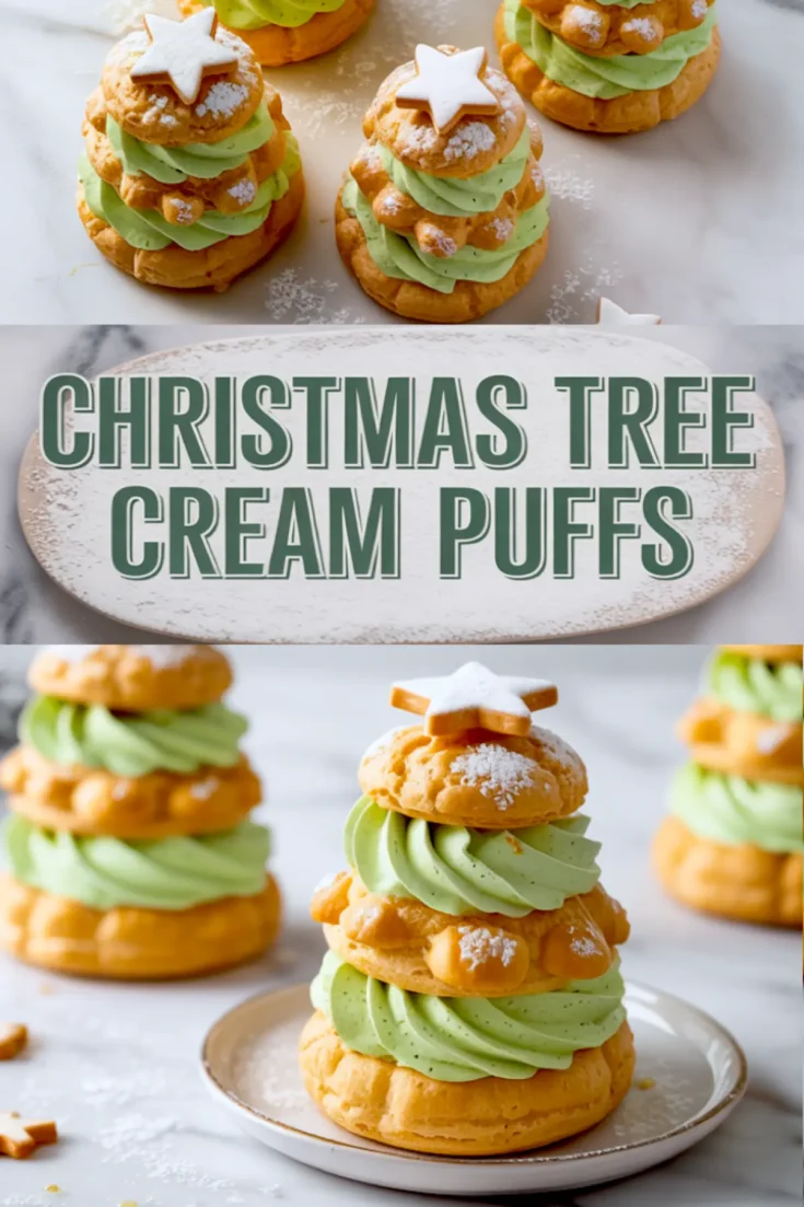 A festive collage featuring Christmas tree cream puffs made with golden choux pastry stacked with layers of green pistachio cream, topped with star-shaped cookies and powdered sugar, with a centered title overlay that reads “Christmas Tree Cream Puffs” in bold lettering.