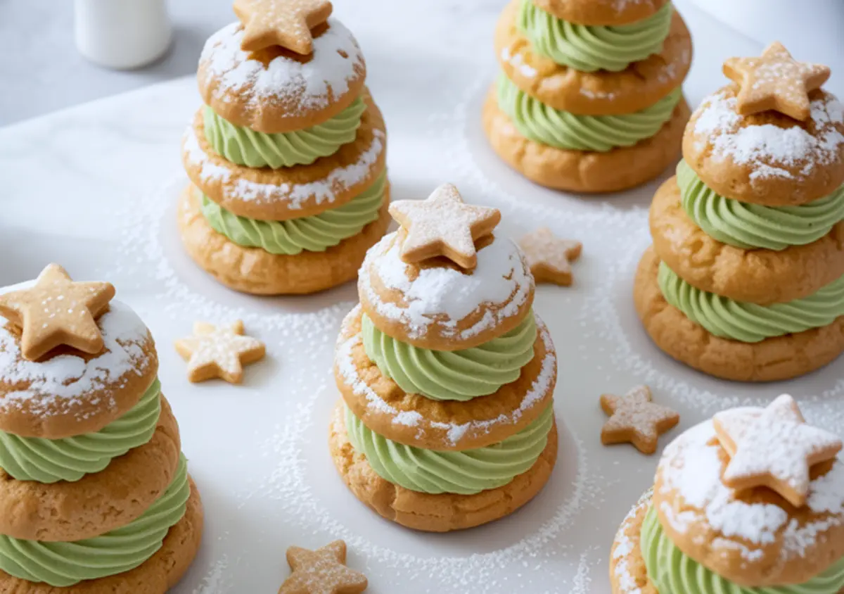 Multiple Christmas tree-shaped cream puffs are arranged on a white surface, featuring piped pistachio filling between golden pastry layers and topped with star cookies dusted with powdered sugar.
