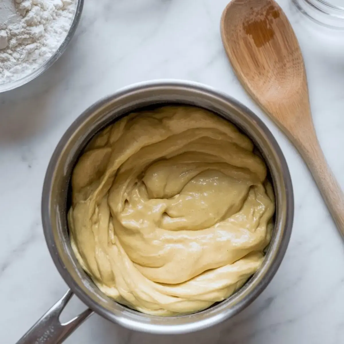 A stainless steel saucepan filled with thick, golden pâte à choux dough sits on a marble countertop, surrounded by a wooden spoon and a bowl of flour, capturing the early step in making cream puffs.
