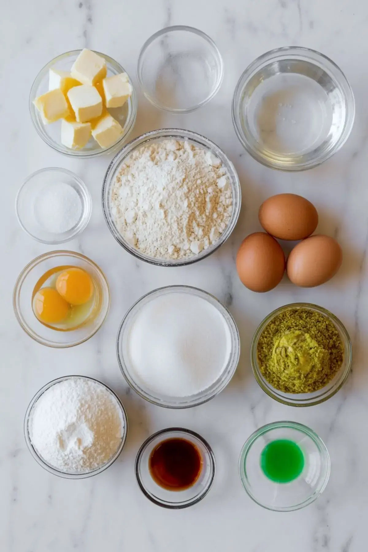 Flat lay of baking ingredients on a marble surface including butter cubes, eggs, flour, sugar, pistachio powder, vanilla extract, green food coloring, and water, arranged for making pistachio cream puffs.
