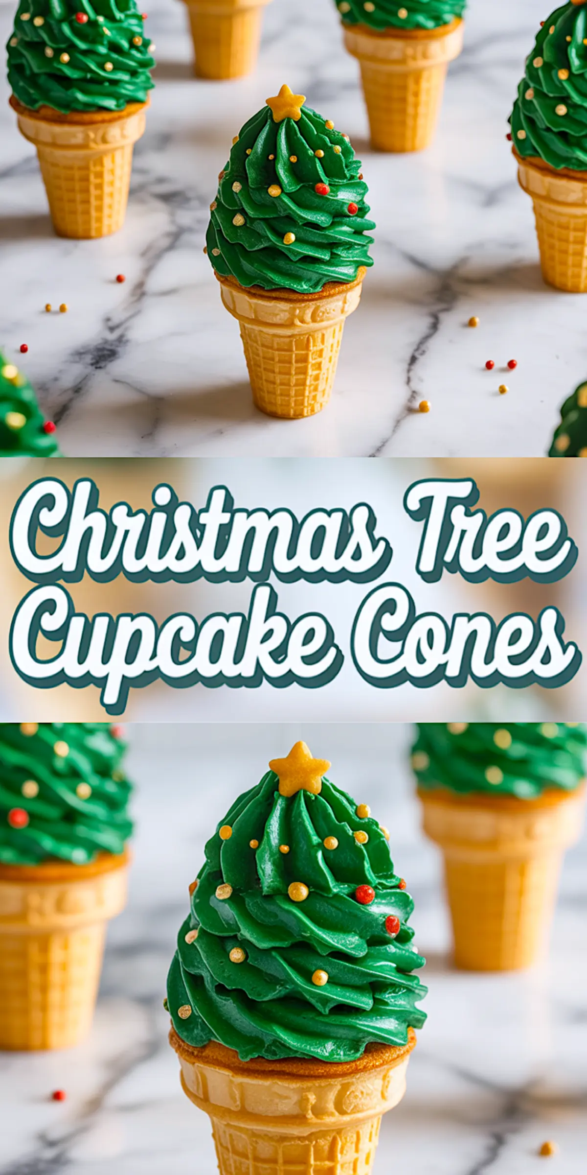 Pinterest-style collage showing multiple green frosted Christmas tree cupcake cones topped with gold stars and festive sprinkles, with clean marble background and centered text that says “Christmas Tree Cupcake Cones”.
